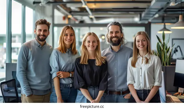 A group of colleagues standing in an office