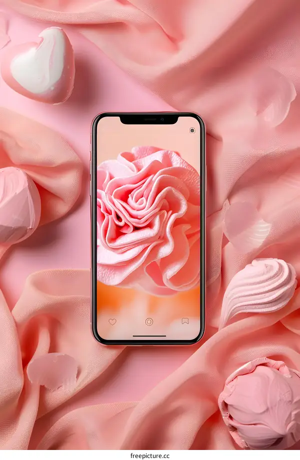 Pink Flower on Phone Screen with Pink Background