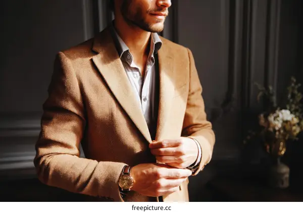 Man in Beige Blazer Adjusting Button