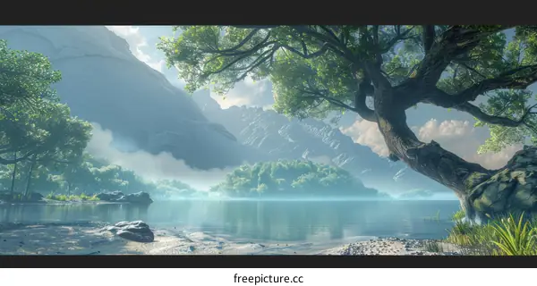 Fantasy Lake and Mountain Landscape