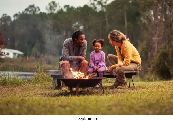 Happy Family Camping by the Campfire