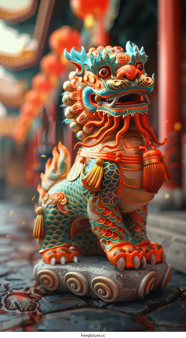 A Colorful Chinese Guardian Lion Statue