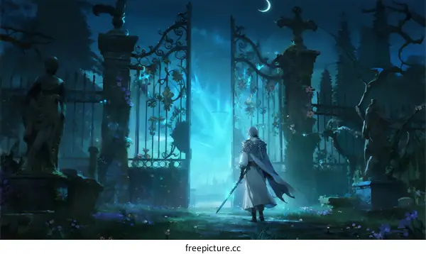 Mysterious Night Scene with Gothic Gates and Lone Figure