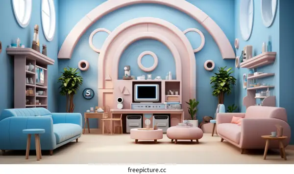 A surreal living room with blue and pink pastel colors and a retro TV