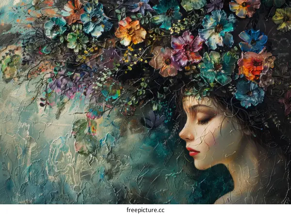 An artistic rendering of a woman with flowers in her hair