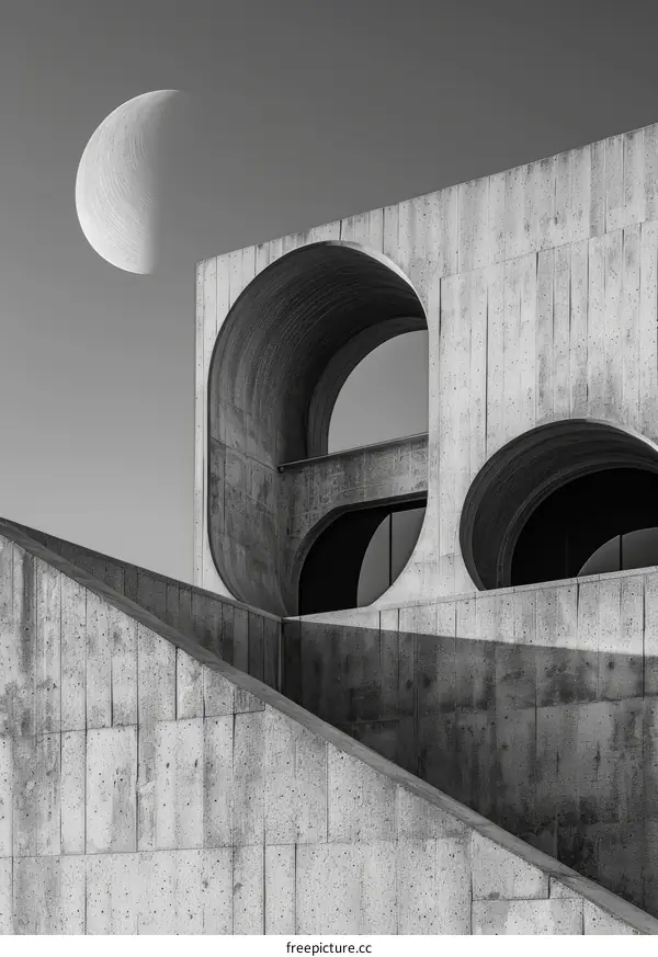 Crescent Moon Over Concrete Building with Curved Openings