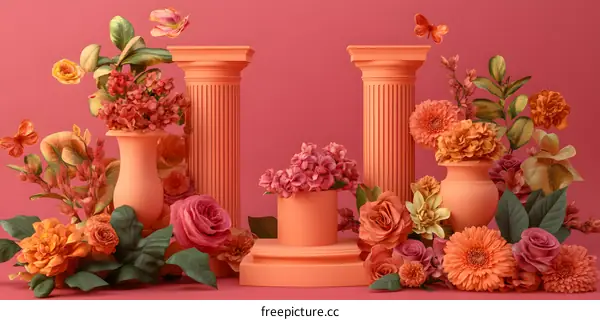 Flowers and Columns Minimalist 3D Rendering