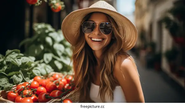 A young woman wearing a straw hat and sunglasses smiles as she holds a basket of tomatoes.
