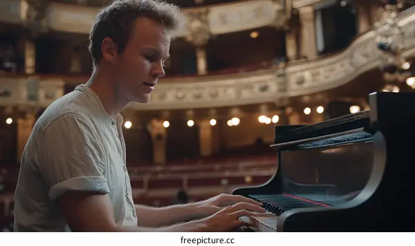 Man playing a piano in a grand concert hall