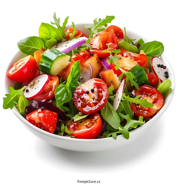 Fresh and healthy salad with tomatoes, cucumbers, basil and red onions