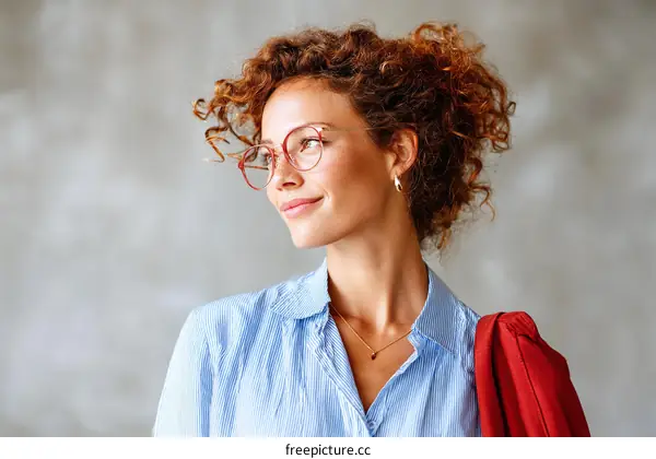 Thoughtful Woman with Curly Hair and Glasses