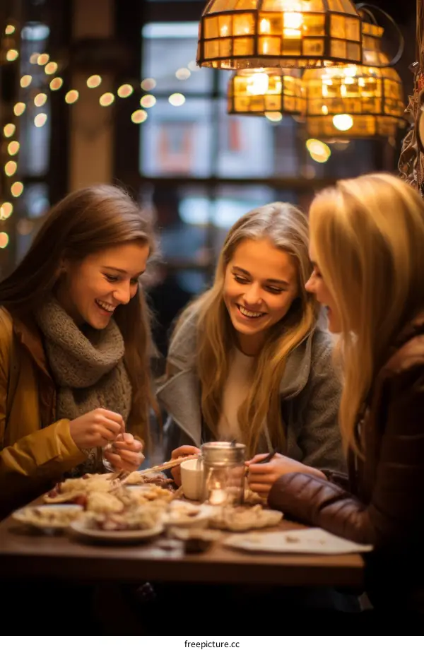 Three young women are sitting at a table in a restaurant eating and talking happily