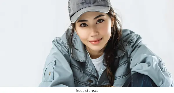 Young Asian woman in a denim jacket and cap