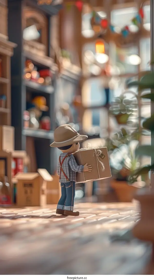 A delivery man carrying a box in a toy store