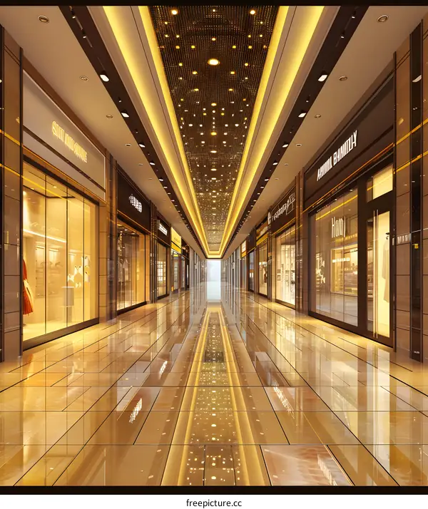 Luxury Shopping Mall Interior Design with Golden Tiles and Bright Lighting