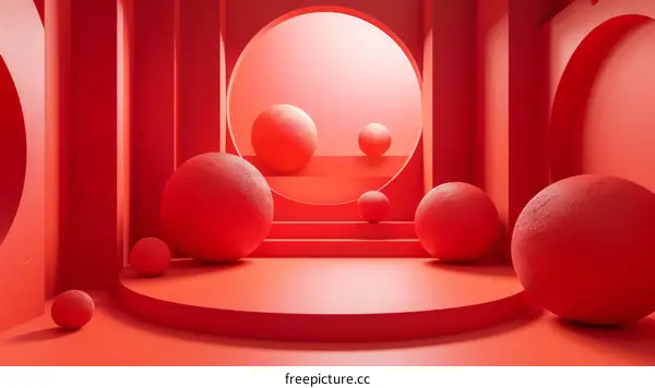 Abstract Geometric Red Scene with Circles and Balls
