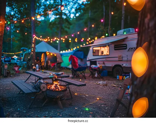 A group of friends camping in the woods at night