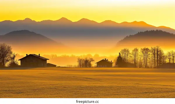 Golden Sunrise Over Mountainous Farmland