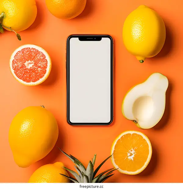 Flat Lay of Fruits and Smartphone with White Screen on Orange Background