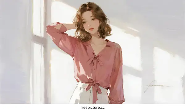 A Young Woman in Pink Blouse Standing by Bright Window