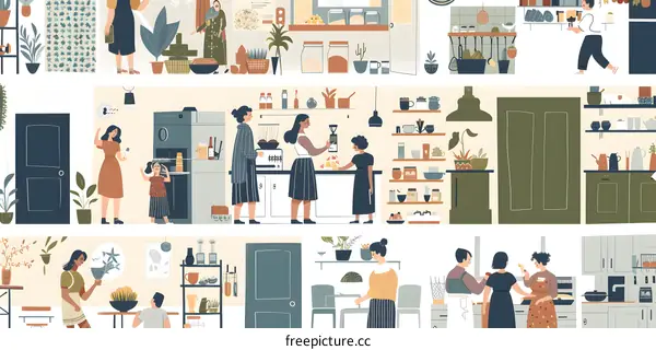 Modern Kitchen Interior Design Illustration with People