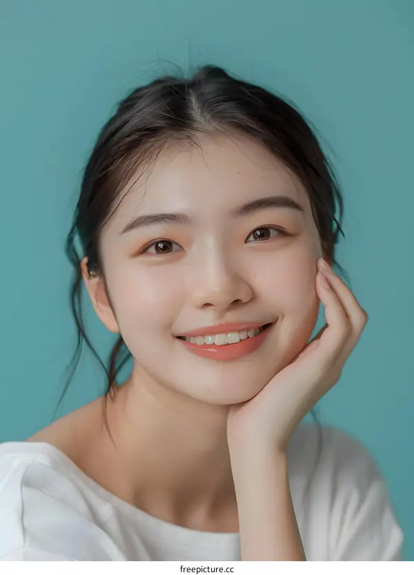 Portrait of a Smiling Young Asian Woman with Long Black Hair Against a Blue Background