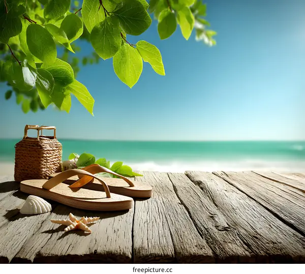 Summer Beach Vacation Sandals on Wooden Deck