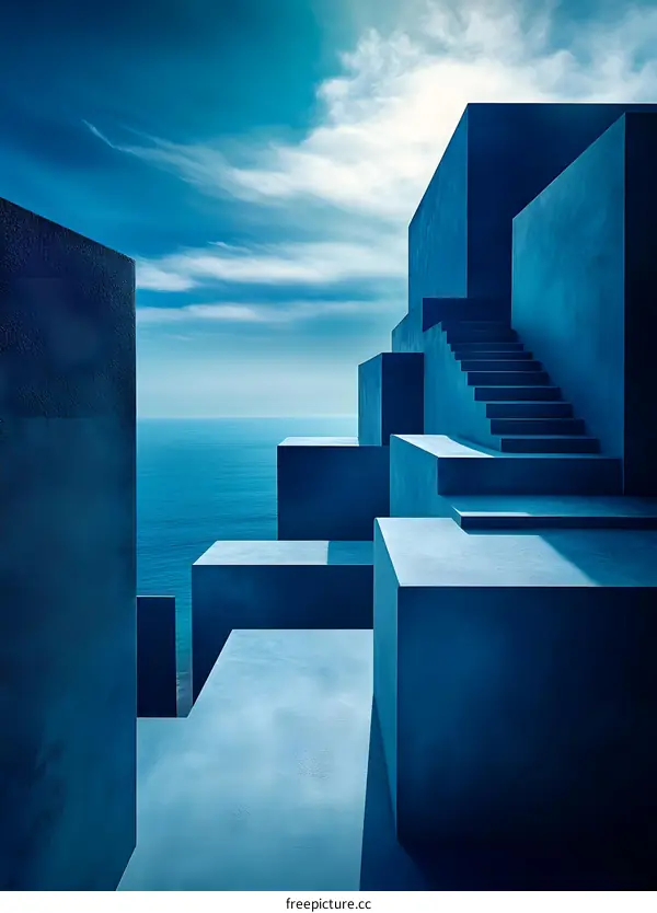 Abstract Architecture Minimalist Blue Concrete Building Ocean