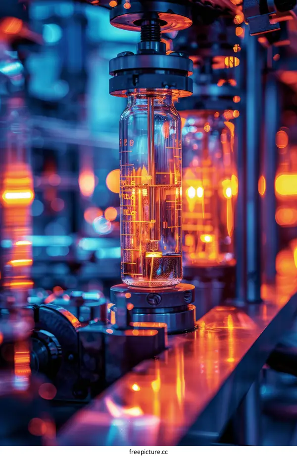 Close-up of a glass tube with a yellow liquid inside a machine