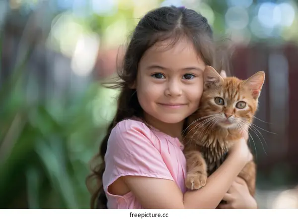 Little girl hugging an orange cat
