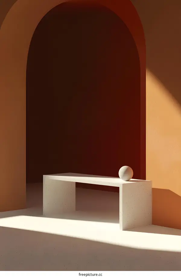 Minimalist White Bench With Sphere in Orange Archway