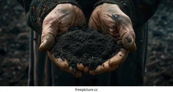 Close-up of a farmer's hands holding a handful of rich, dark soil