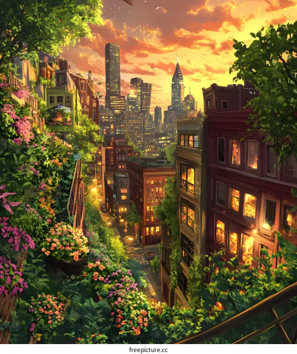 Cityscape with Green Plants and Flowers at Sunset