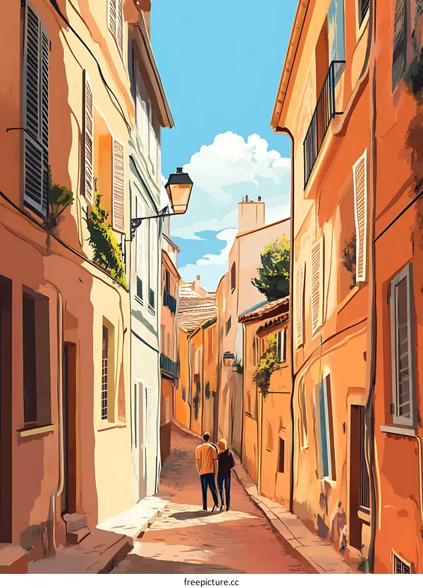 Couple Walking Down Narrow Street in European City