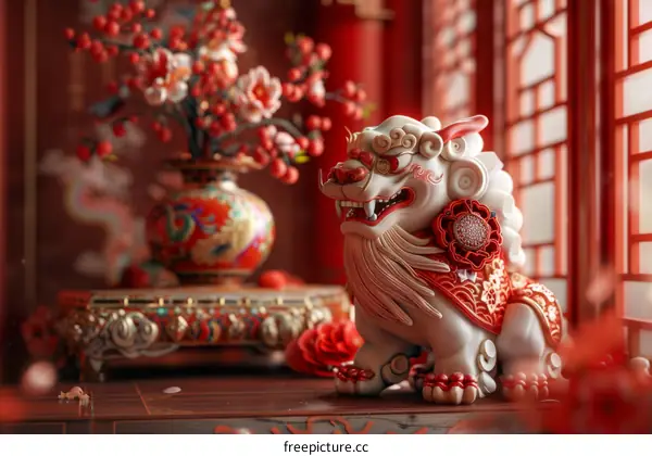A Chinese Guardian Lion on Red Background