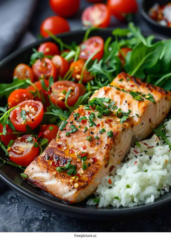 Grilled Salmon with Rice and Salad