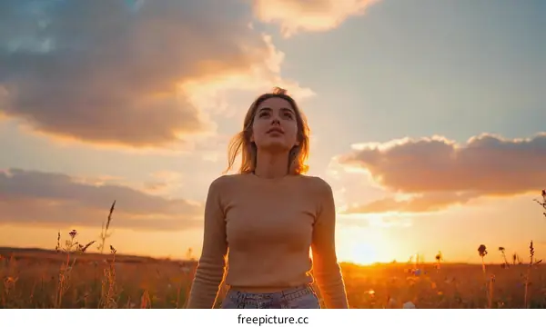 Sunset Serenity in a Field Woman Contemplating