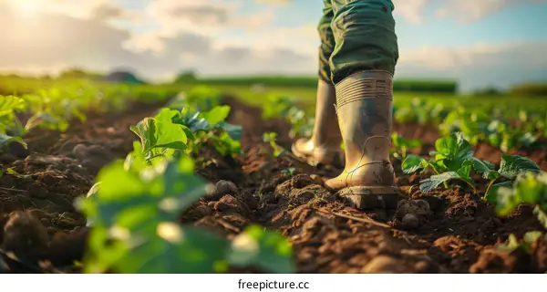 Close-up of a farmer walking through a lush green field of young crops