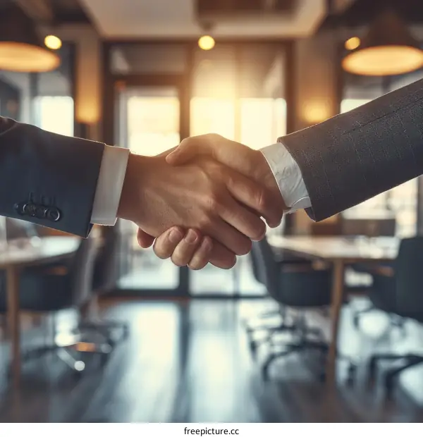 Businessmen in suits shaking hands in an office environment