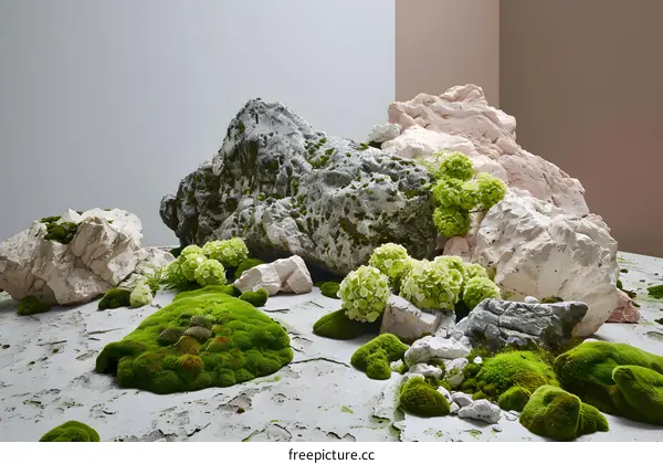 Green Moss and White Stones Nature Still Life