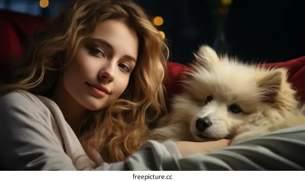 Portrait of a beautiful young woman with a white dog