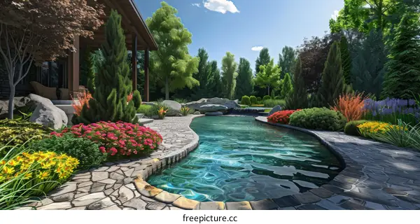 Luxury Outdoor Swimming Pool with Waterfall and Garden
