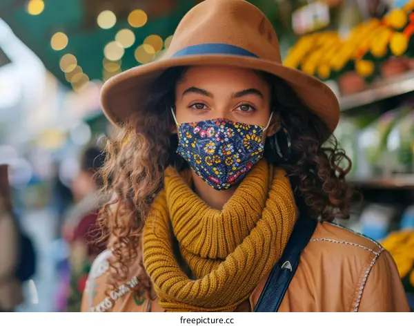 Portrait of a young woman wearing a brown hat and a floral face mask