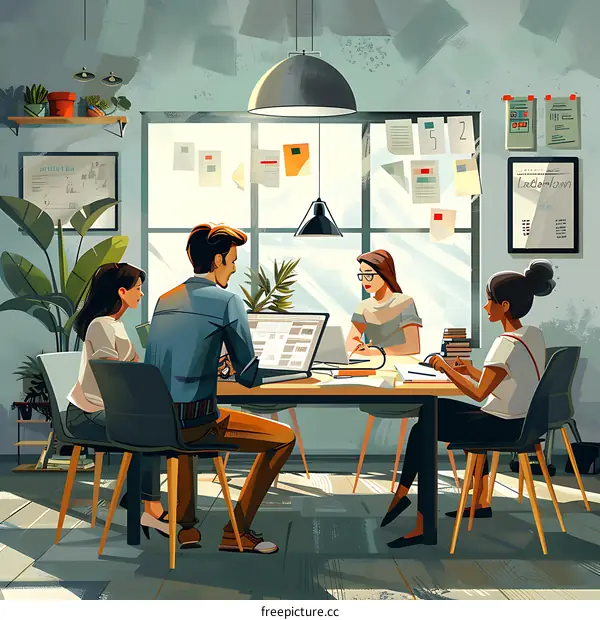 A group of people are having a meeting in an office.