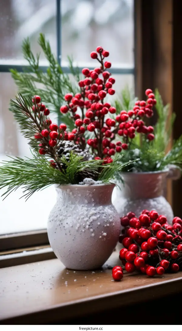 Two vases of red berries and pine cones sit on a window sill