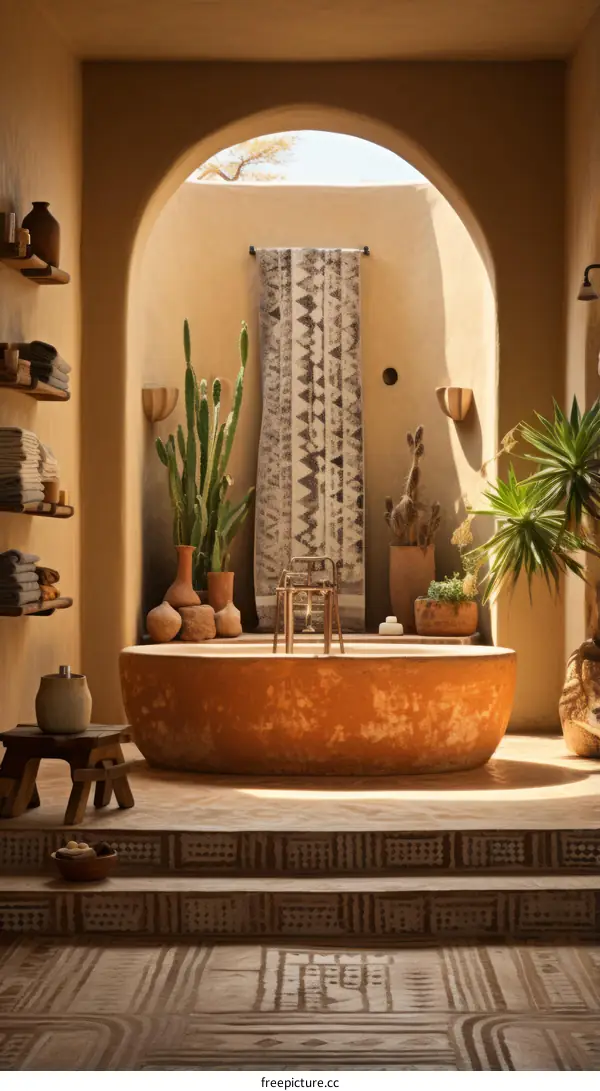Earthen luxury bathroom with a soaking tub