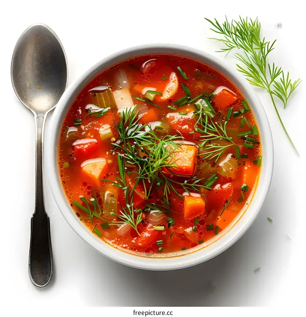 A bowl of tomato soup with a silver spoon