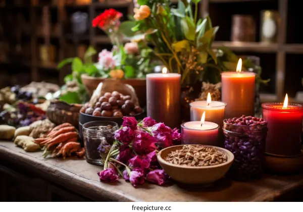 Dried herbs, flowers, and candles on a wooden table