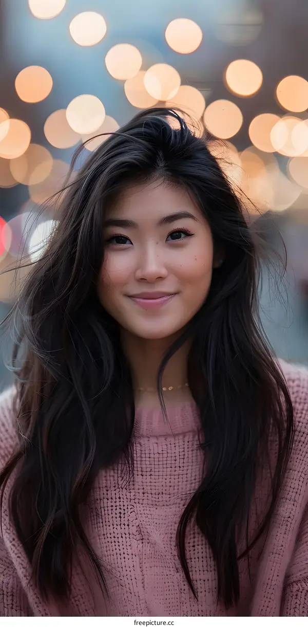Smiling Asian Woman with Long Black Hair Wearing Pink Sweater