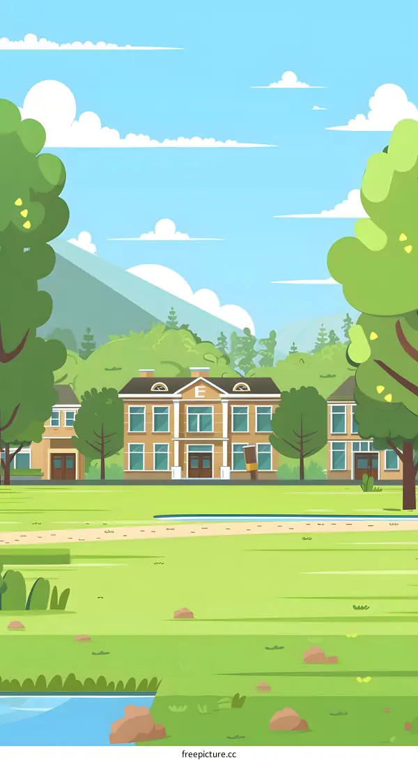 Green Landscape With Houses And Mountains Illustration